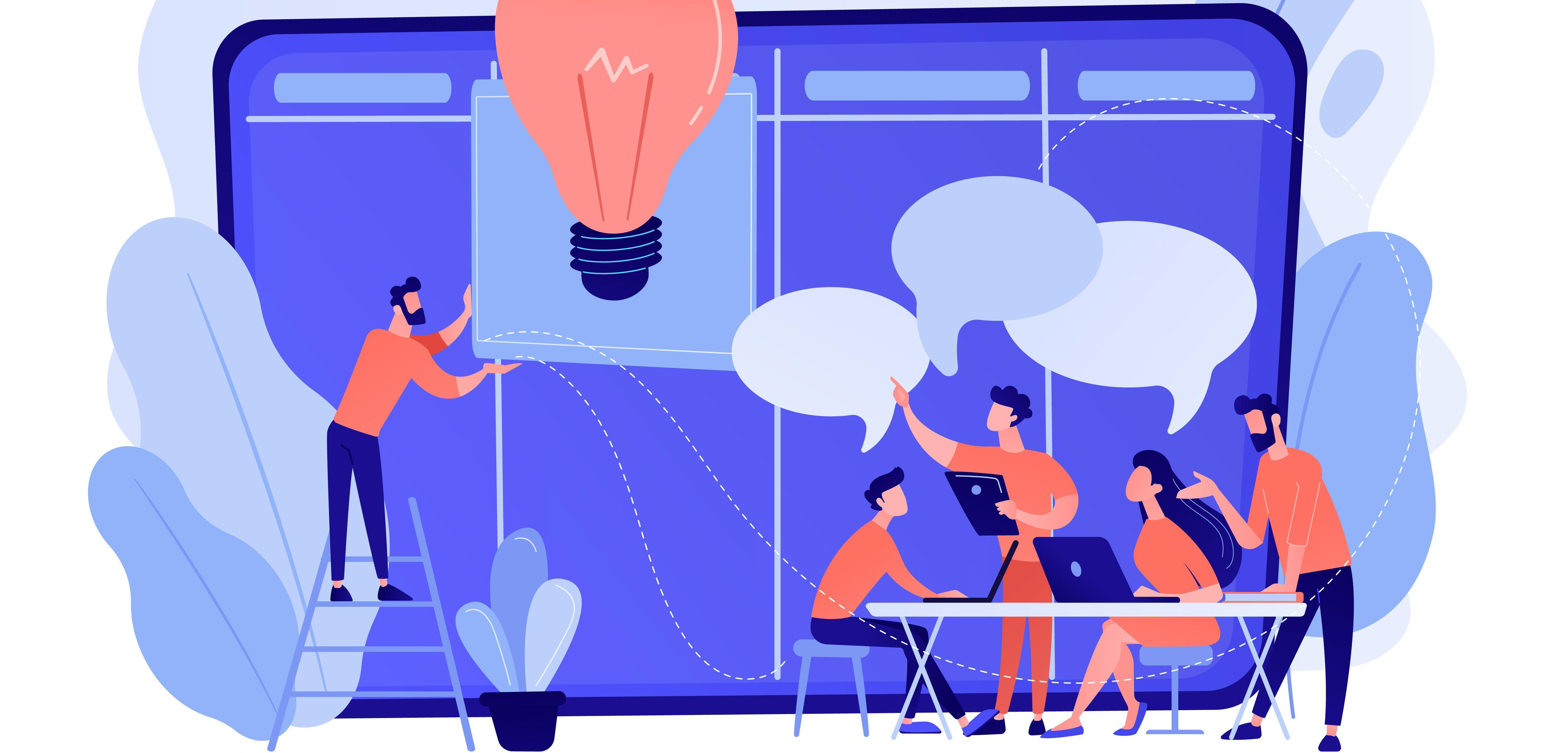 Managers at workshop training manager skills and brainstorming at board. Managers workshop, supervisors course, management skills training concept. Pinkish coral bluevector isolated illustration