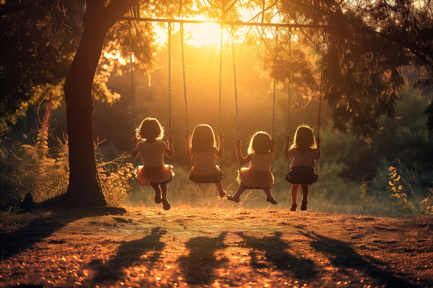 4 Kinder auf Schaukeln die an einem Baum befestigt sind, schauen in den Sonnenuntergang im Hintergrund
